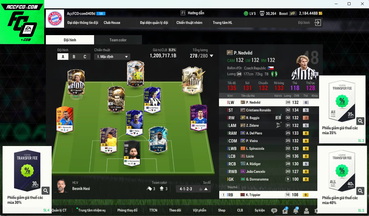 [ACC Rẻ🔥] Juventus 1.209.710b có Baggio ITM+3, Lúcio CC, CR7 No.7, Del Piero LN, Nedved BDO+6, Vieira LN, Rudiger 25TS, Zidane BDO... Còn nhiều CP GIẢM THUẾ